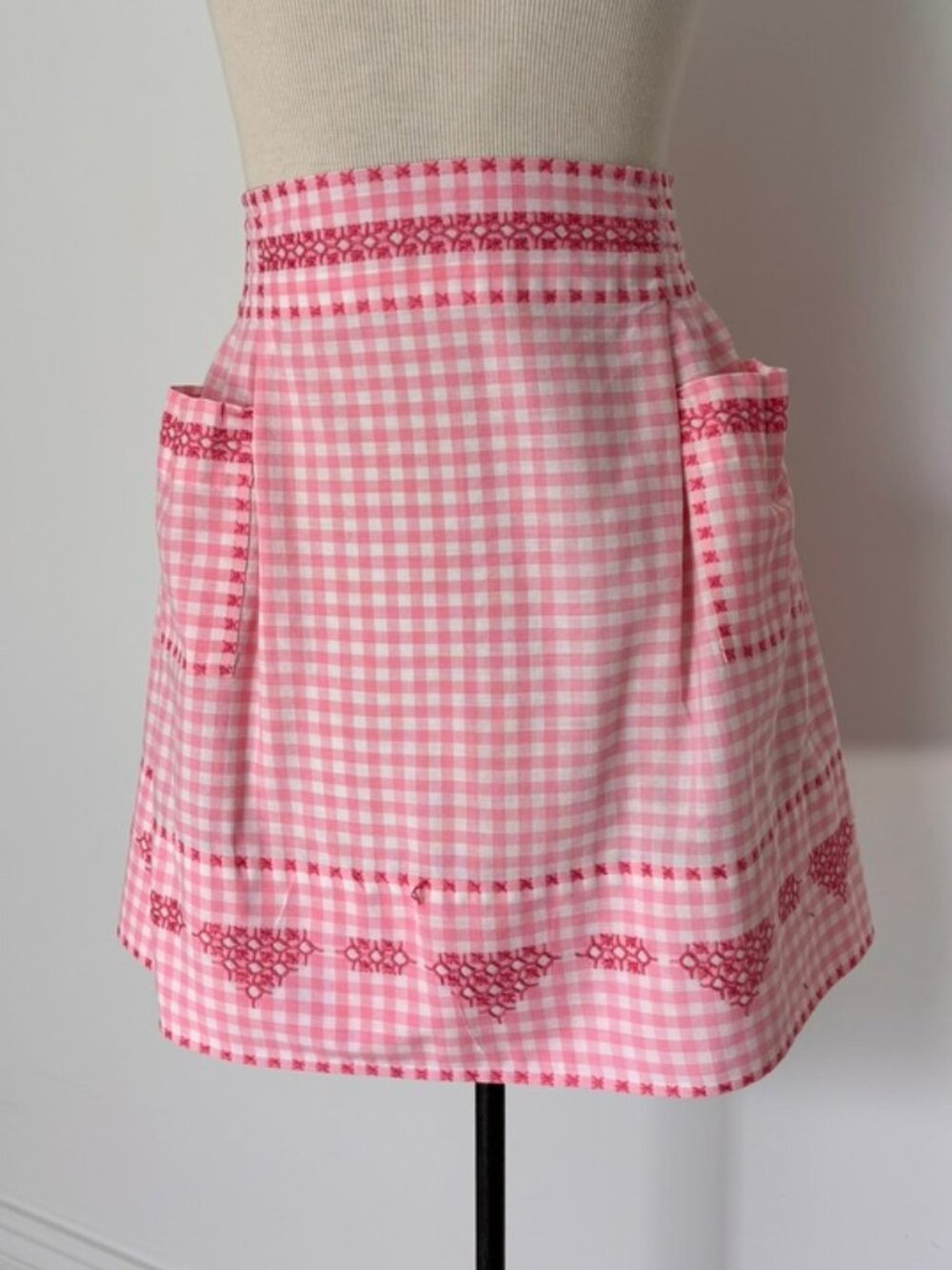 Vintage Pink and white gingham handmade embroidered half apron
